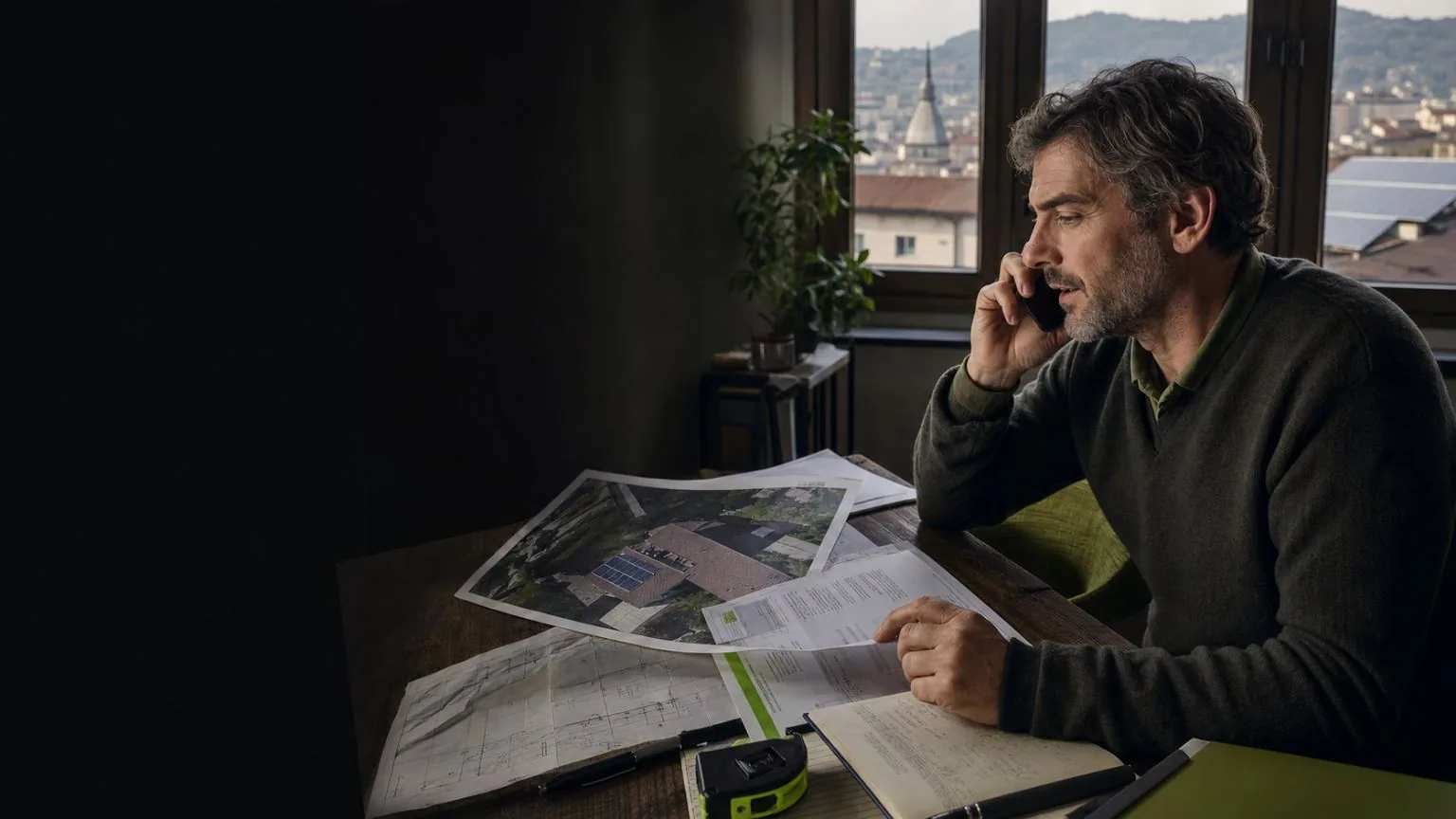 Un uomo al telefono alla scrivania, con planimetrie e documenti di un impianto fotovoltaico davanti a sé