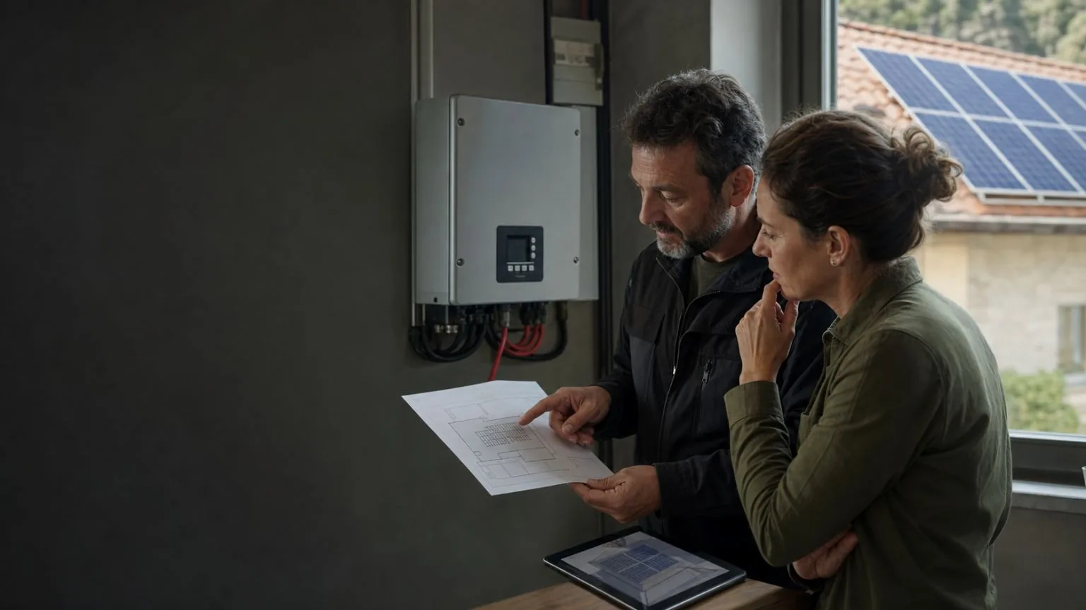 Un tecnico e una cliente leggono un documento davanti a un inverter, con un tablet sul tavolo